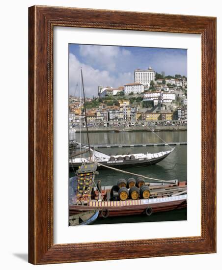 Port Barges on Douro River, with City Beyond, Oporto (Porto), Portugal-Upperhall-Framed Photographic Print