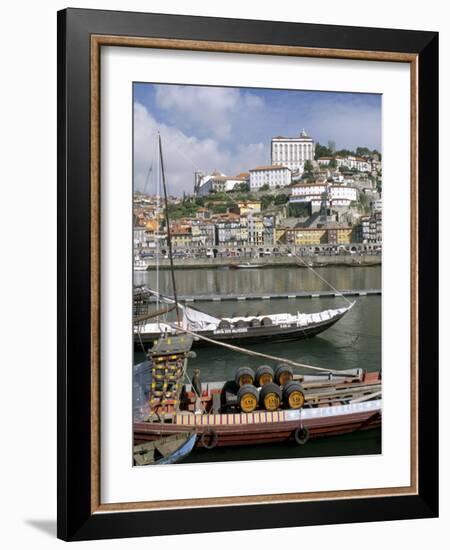 Port Barges on Douro River, with City Beyond, Oporto (Porto), Portugal-Upperhall-Framed Photographic Print