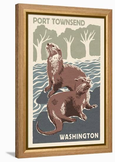 Port Townsend, Washington - River Otters - Woodblock Print-Lantern Press-Framed Stretched Canvas