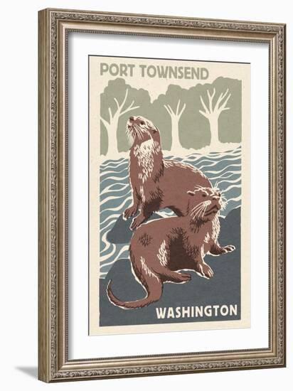 Port Townsend, Washington - River Otters - Woodblock Print-Lantern Press-Framed Art Print