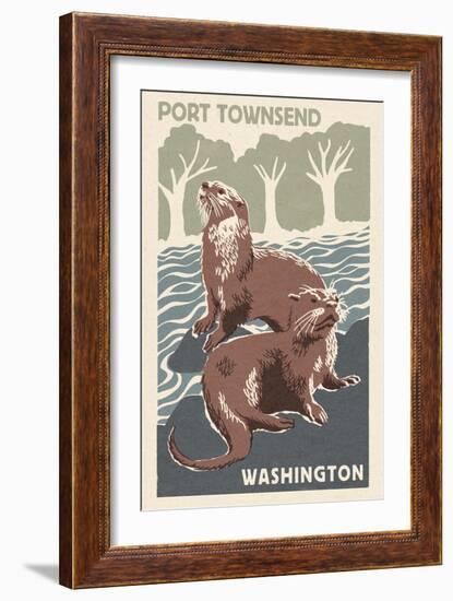 Port Townsend, Washington - River Otters - Woodblock Print-Lantern Press-Framed Art Print