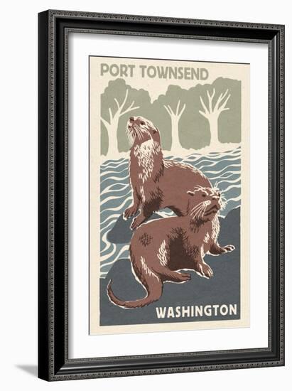 Port Townsend, Washington - River Otters - Woodblock Print-Lantern Press-Framed Art Print