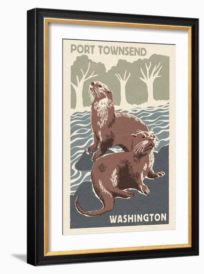 Port Townsend, Washington - River Otters - Woodblock Print-Lantern Press-Framed Art Print