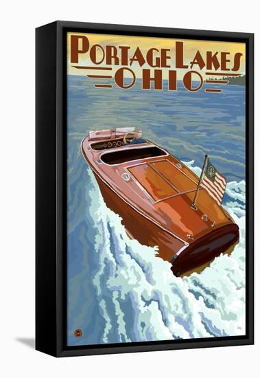Portage Lakes, Ohio - Wooden Boat Scene-Lantern Press-Framed Stretched Canvas