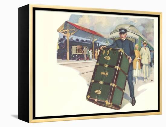 Porter with Large Steamer Trunk-null-Framed Stretched Canvas