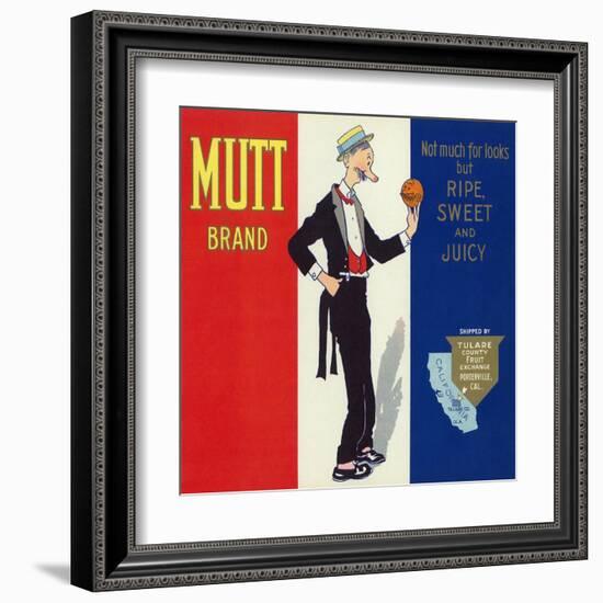 Porterville, California, Mutt Brand Citrus Label-Lantern Press-Framed Art Print