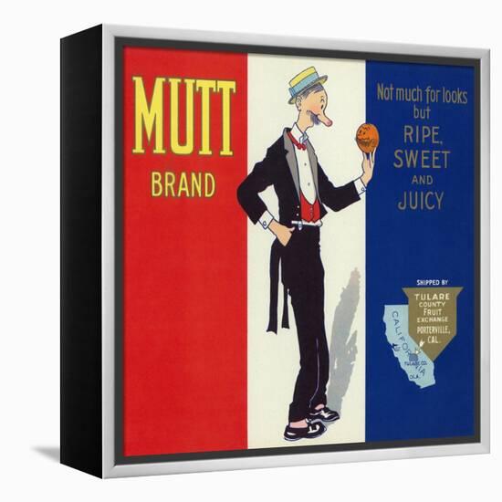 Porterville, California, Mutt Brand Citrus Label-Lantern Press-Framed Stretched Canvas