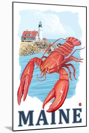 Portland, Maine - Lobster and Portland Lighthouse Scene-Lantern Press-Mounted Art Print