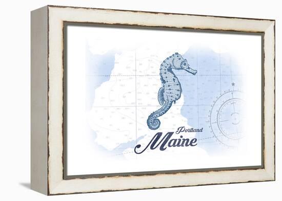 Portland, Maine - Seahorse - Blue - Coastal Icon-Lantern Press-Framed Stretched Canvas