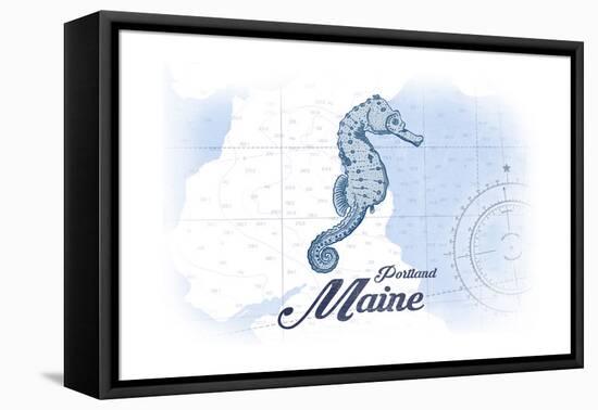 Portland, Maine - Seahorse - Blue - Coastal Icon-Lantern Press-Framed Stretched Canvas