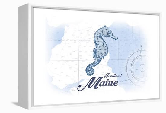 Portland, Maine - Seahorse - Blue - Coastal Icon-Lantern Press-Framed Stretched Canvas