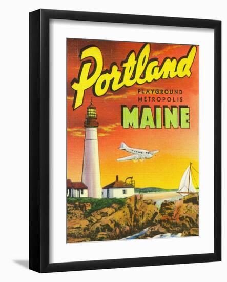 Portland, Maine - The Playground Metropolis, View of a Plane and Lighthouse-Lantern Press-Framed Art Print