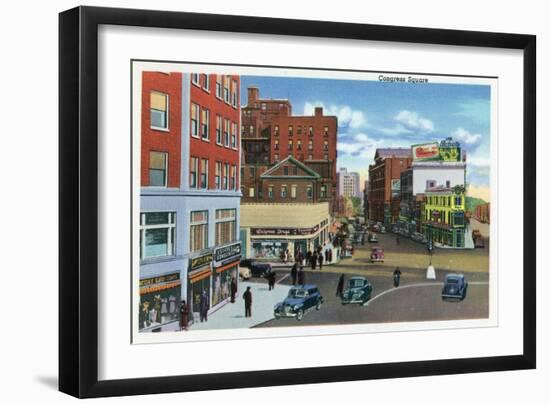 Portland, Maine - View of Congress Square-Lantern Press-Framed Art Print