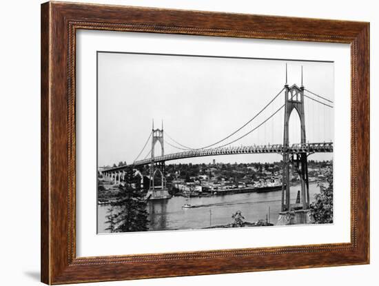 Portland, OR View of St. John Bridge over Columbia Photograph - Portland, OR-Lantern Press-Framed Art Print