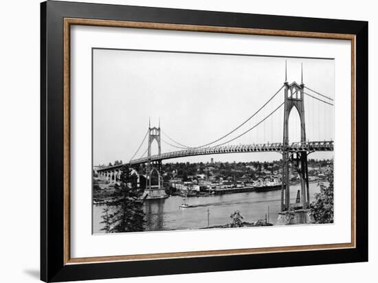 Portland, OR View of St. John Bridge over Columbia Photograph - Portland, OR-Lantern Press-Framed Art Print