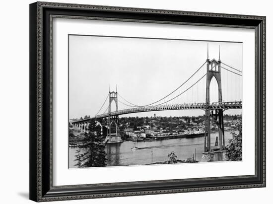 Portland, OR View of St. John Bridge over Columbia Photograph - Portland, OR-Lantern Press-Framed Art Print