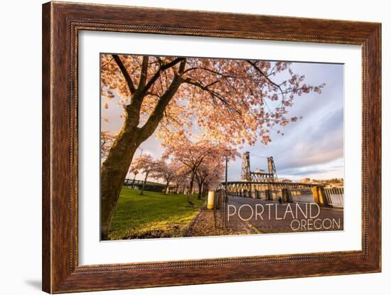 Portland, Oregon - Cherry Blossoms and Waterfront-Lantern Press-Framed Art Print