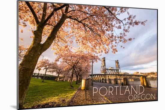 Portland, Oregon - Cherry Blossoms and Waterfront-Lantern Press-Mounted Art Print