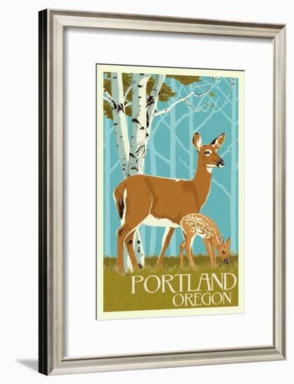 Portland, Oregon - Deer and Fawn-Lantern Press-Framed Art Print