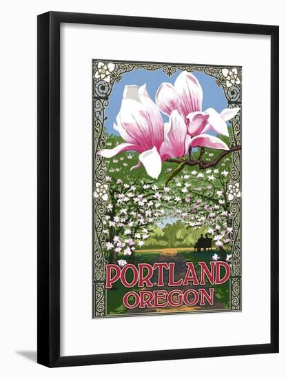 Portland, Oregon - Garden and Magnolia Scene-Lantern Press-Framed Art Print