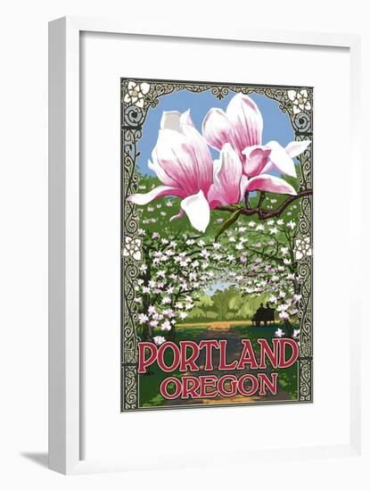 Portland, Oregon - Garden and Magnolia Scene-Lantern Press-Framed Art Print