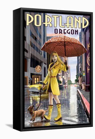 Portland, Oregon - Rain Girl-Lantern Press-Framed Stretched Canvas