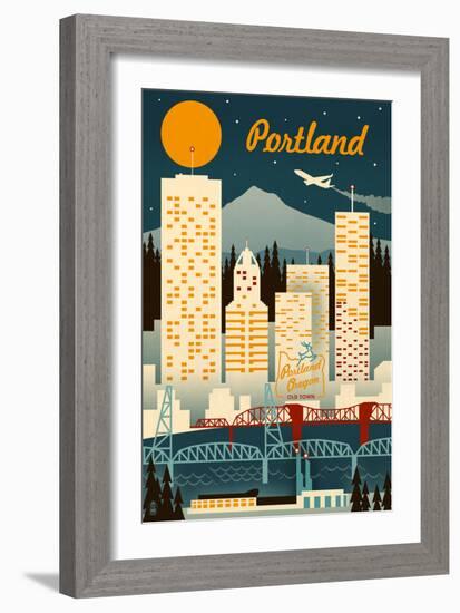 Portland, Oregon - Retro Skyline-Lantern Press-Framed Premium Giclee Print