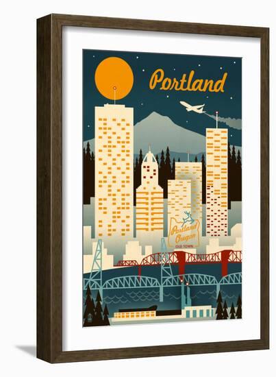 Portland, Oregon - Retro Skyline-Lantern Press-Framed Premium Giclee Print