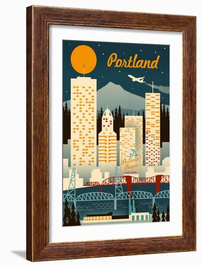 Portland, Oregon - Retro Skyline-Lantern Press-Framed Premium Giclee Print