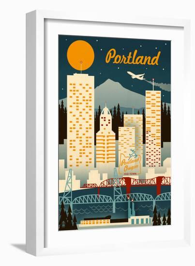Portland, Oregon - Retro Skyline-Lantern Press-Framed Premium Giclee Print