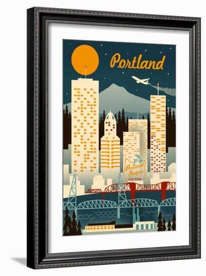 Portland, Oregon - Retro Skyline-Lantern Press-Framed Premium Giclee Print