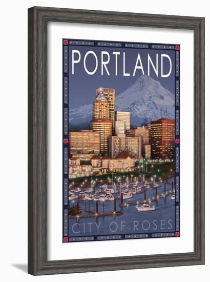 Portland, Oregon - Skyline at Night, c.2009-Lantern Press-Framed Art Print