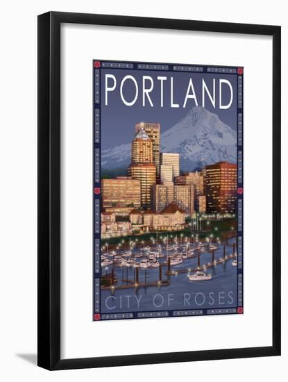 Portland, Oregon - Skyline at Night, c.2009-Lantern Press-Framed Art Print