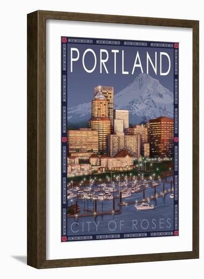 Portland, Oregon - Skyline at Night, c.2009-Lantern Press-Framed Art Print