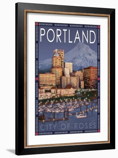 Portland, Oregon - Skyline at Night, c.2009-Lantern Press-Framed Art Print