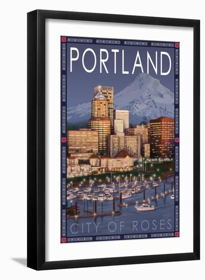 Portland, Oregon - Skyline at Night, c.2009-Lantern Press-Framed Art Print