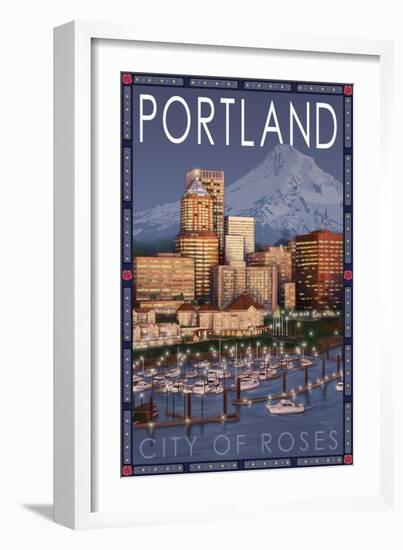 Portland, Oregon - Skyline at Night, c.2009-Lantern Press-Framed Art Print