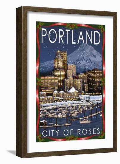 Portland, Oregon - Skyline at Night - Christmas Version-Lantern Press-Framed Art Print