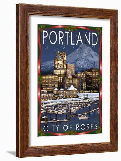 Portland, Oregon - Skyline at Night - Christmas Version-Lantern Press-Framed Art Print