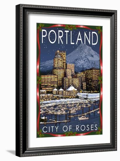 Portland, Oregon - Skyline at Night - Christmas Version-Lantern Press-Framed Art Print