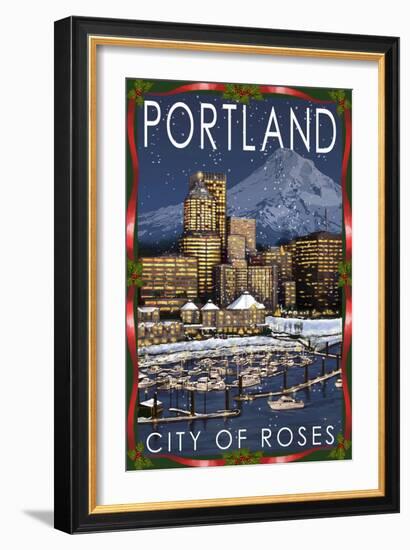 Portland, Oregon - Skyline at Night - Christmas Version-Lantern Press-Framed Art Print