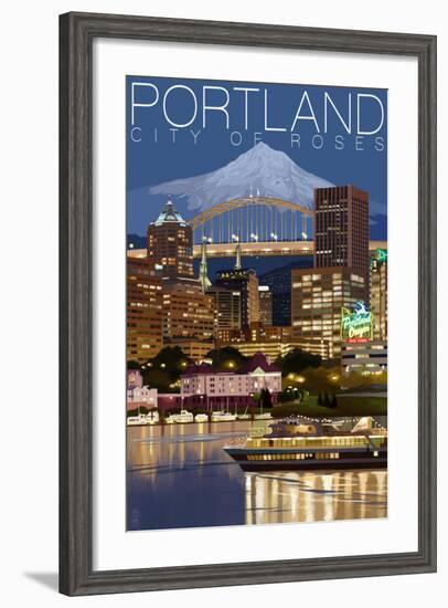 Portland, Oregon - Skyline at Night-Lantern Press-Framed Art Print