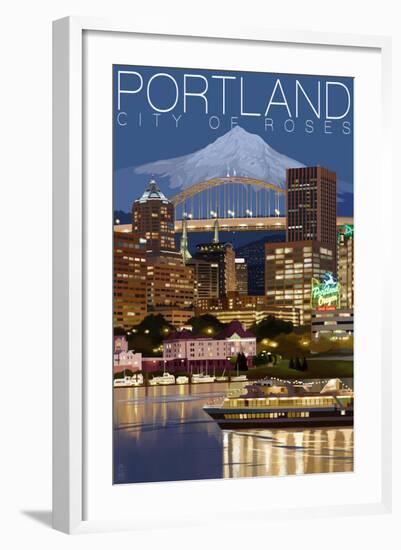 Portland, Oregon - Skyline at Night-Lantern Press-Framed Art Print