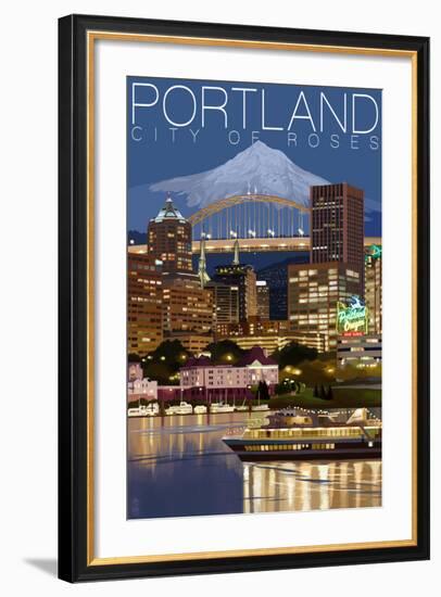 Portland, Oregon - Skyline at Night-Lantern Press-Framed Art Print