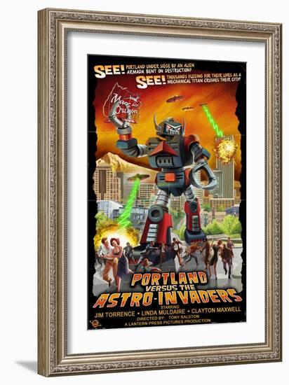 Portland, Oregon vs. The Astro-Invaders-Lantern Press-Framed Art Print