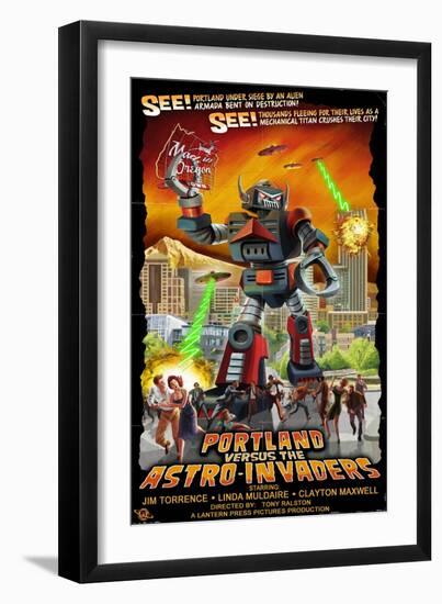 Portland, Oregon vs. The Astro-Invaders-Lantern Press-Framed Art Print