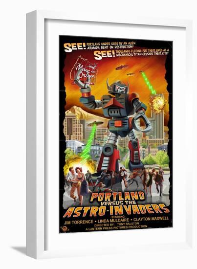 Portland, Oregon vs. The Astro-Invaders-Lantern Press-Framed Art Print
