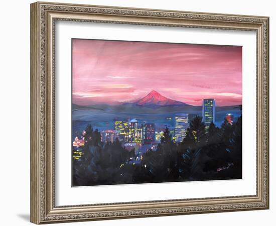 Portland Oregon with Mt Hood at Sunset-Markus Bleichner-Framed Art Print