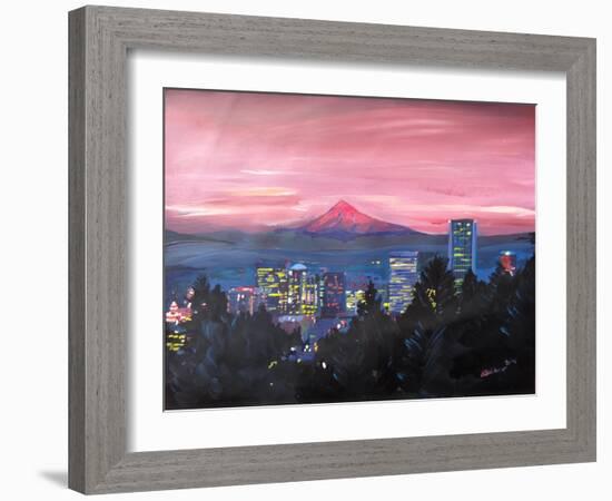 Portland Oregon with Mt Hood at Sunset-Markus Bleichner-Framed Art Print