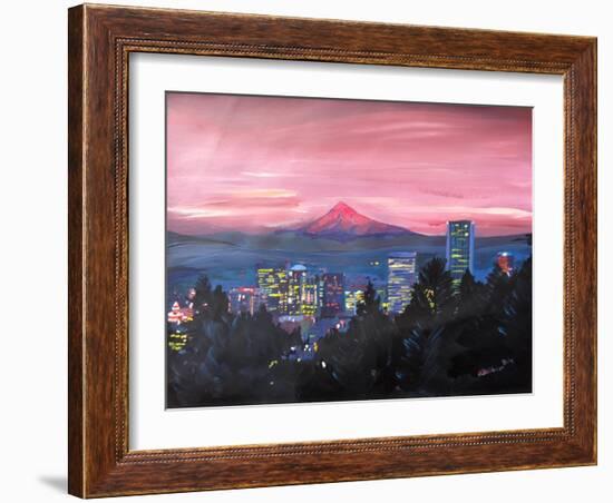 Portland Oregon with Mt Hood at Sunset-Markus Bleichner-Framed Art Print